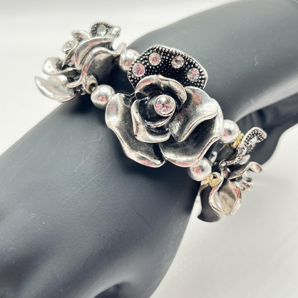 Vintage Silver Tone Chunky Rose Flower Stretch Bracelet | Comes w/ Gift Box
